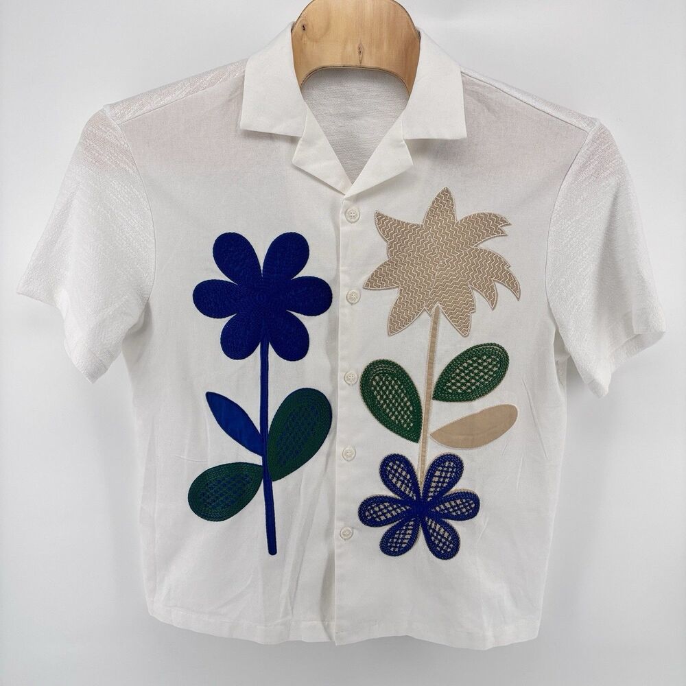 ZARA Women's XL White Floral Applique Embroidered Button Front Shirt